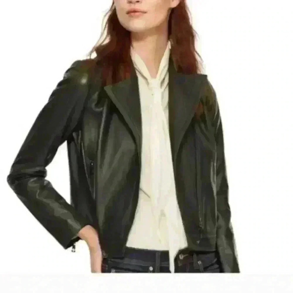 Tory Burch Women's Dark Green Sheepskin Leather Moto Jacket 0(XS-S) - Picture 2 of 16